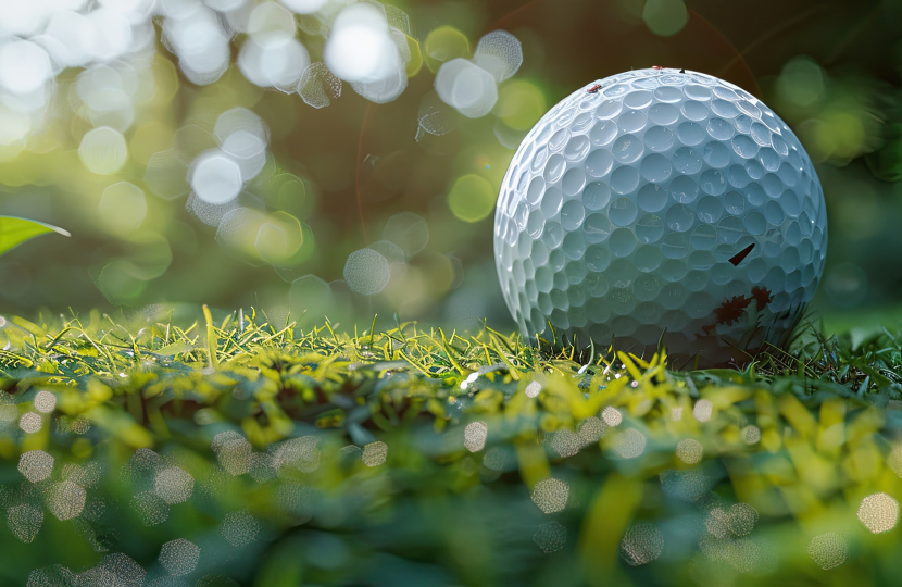 Close-up of a golf ball resting on lush green grass. The background is softly blurred with sunlight filtering through leaves, creating a serene and focused outdoor scene.