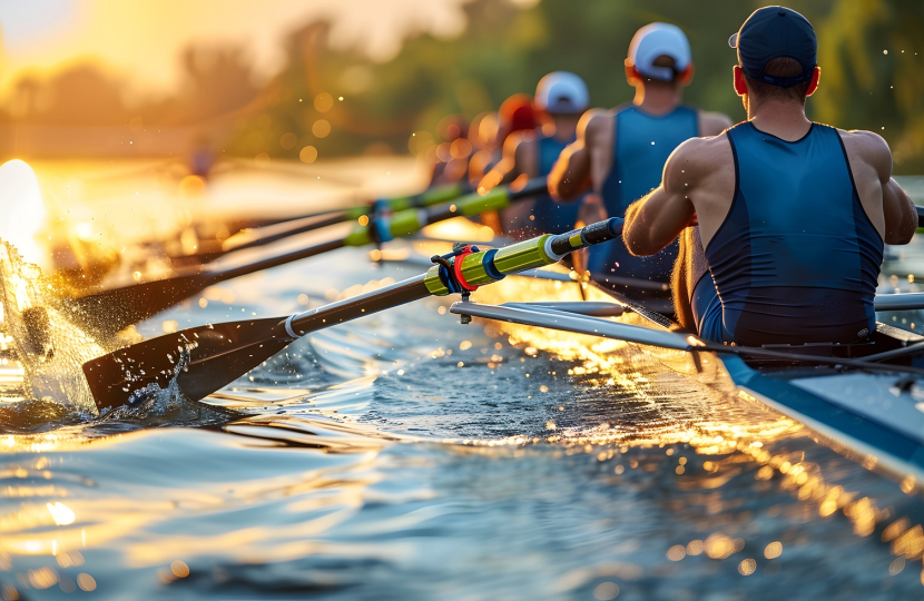 A team of rowers in blue attire are synchronized in a racing shell on a sunlit river. The sun casts a golden glow on the water as they propel forward, splashing droplets around them. Trees line the distant riverbank.