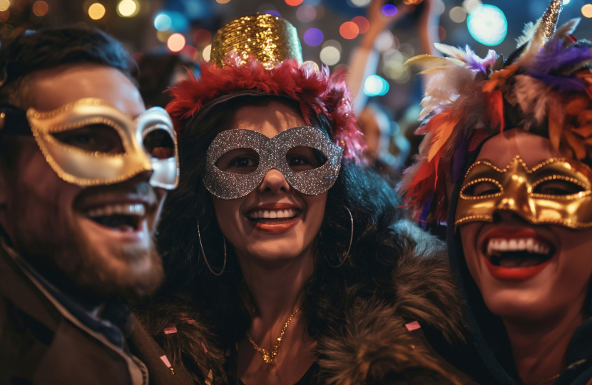 Three people wearing colorful, glittery masquerade masks smile and pose closely together. The blurred background suggests a festive Venetian Masquerade ambiance, with vibrant lighting reminiscent of the opulence of Venice.