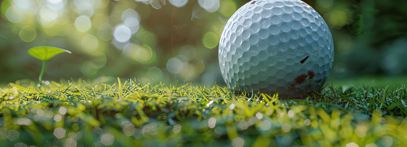 Close-up of a golf ball resting on lush green grass. The background is softly blurred with sunlight filtering through leaves, creating a serene and focused outdoor scene.